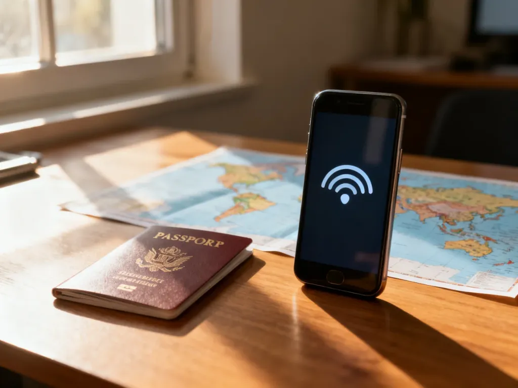 Smartfon z widoczną ikoną zasięgu leżący na biurku obok paszportu i mapy świata, symbolizujący gotowość do korzystania z roamingu.