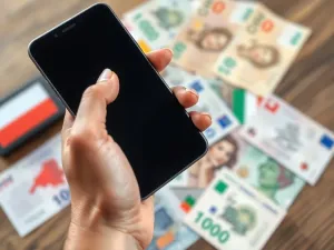 Nowoczesny smartwatch dla dzieci z kolorową mapą i ikonami bezpieczeństwa na ekranie, leżący na drewnianym biurku.