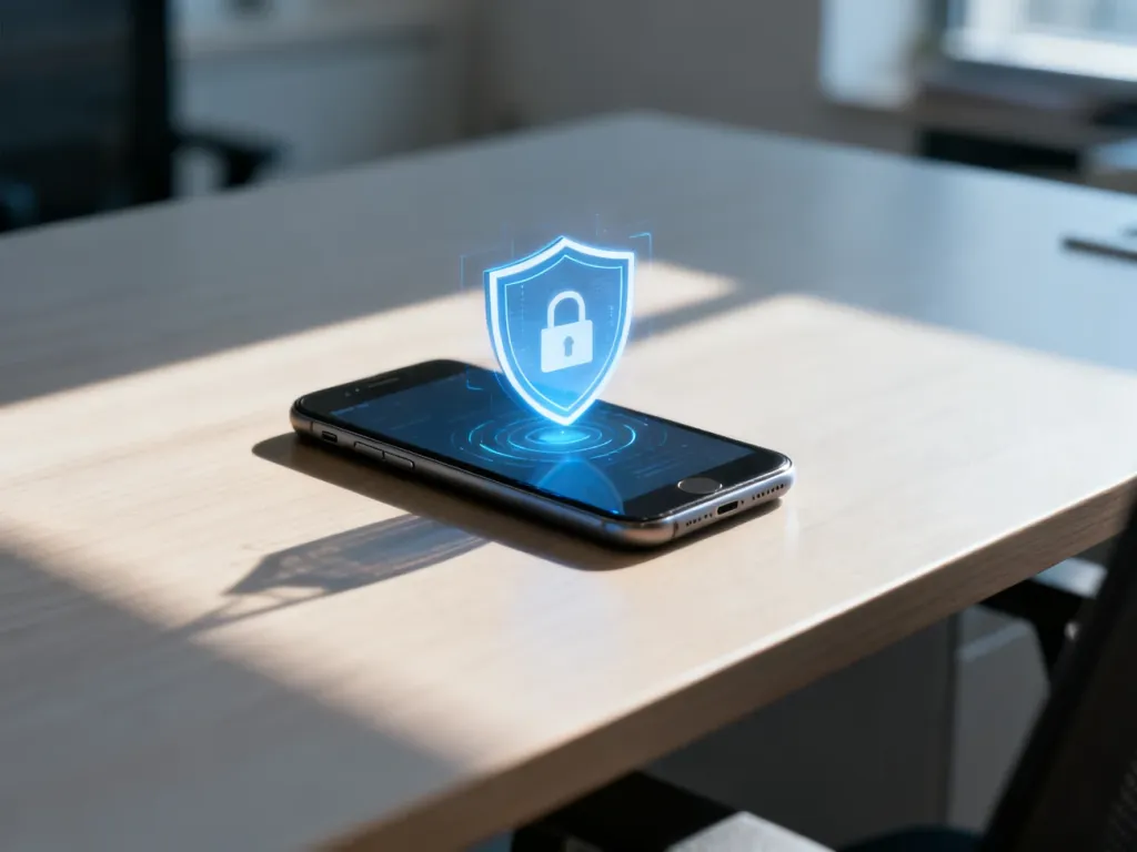Ikona tarczy na ekranie smartfona symbolizująca prywatność i bezpieczeństwo połączeń telefonicznych.