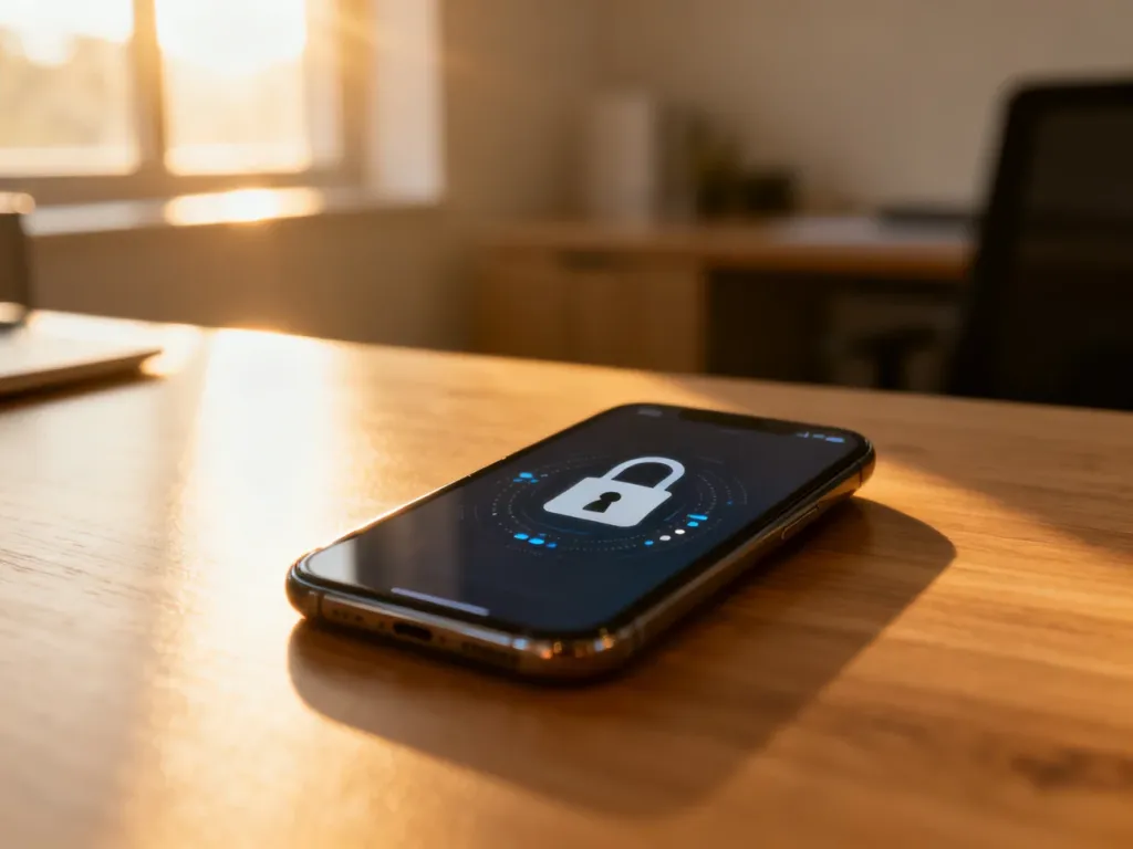 Nowoczesny smartfon z ikoną cyfrowej kłódki na ekranie, symbolizujący bezpieczeństwo danych i dostęp do ustawień telefonu.