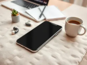Smartfon z otwartym menu ustawień sieci komórkowej, leżący na biurku obok paszportu i globusa, symbolizujących podróże.