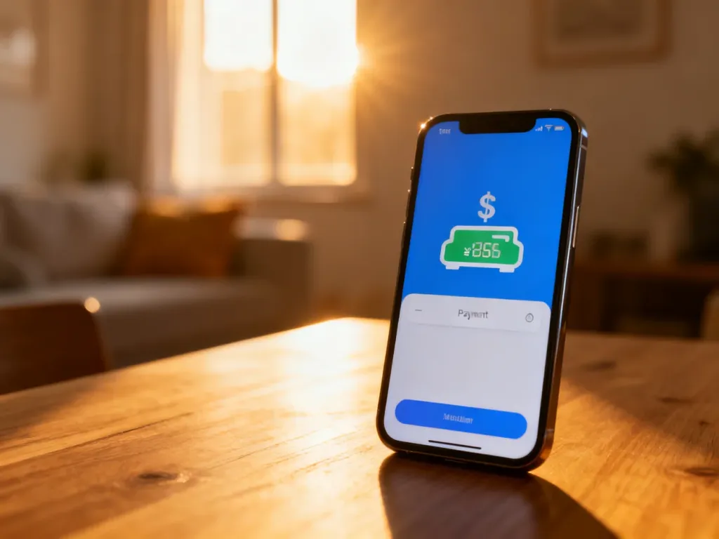 Smartfon z otwartą aplikacją do płatności mobilnych leżący na drewnianym stole w słonecznym wnętrzu.