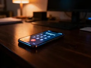 Zbliżenie na ekran smartfona z widocznymi ikonami Wi-Fi, baterii i zasięgu na tle drewnianego biurka.