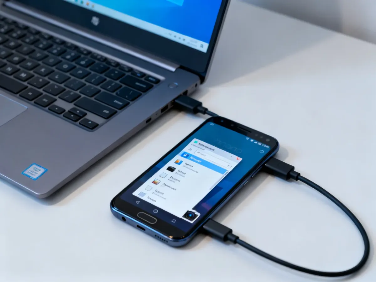 Telefon z Androidem podłączony kablem USB do laptopa podczas kopiowania zdjęć