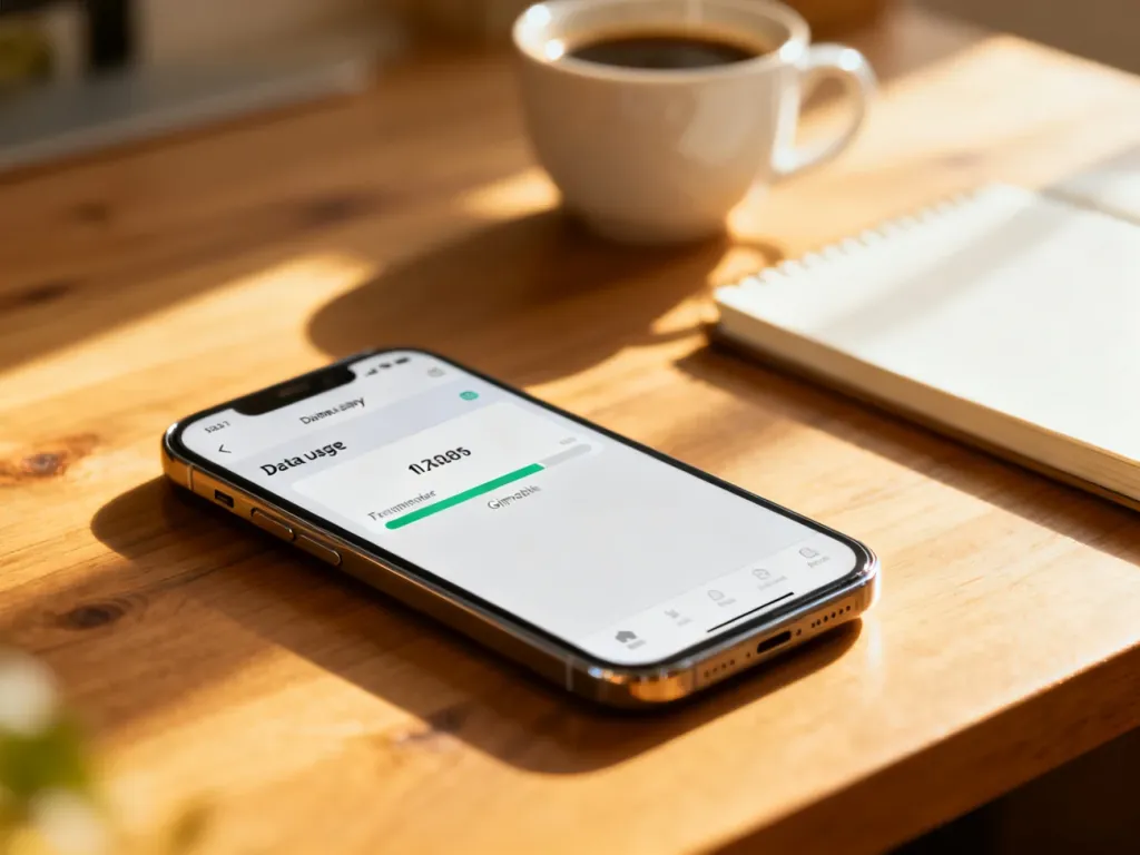 Nowoczesny smartfon na biurku z widocznym na ekranie interfejsem zużycia danych mobilnych.