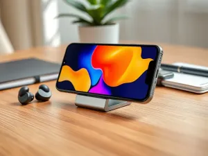 Smartfon z otwartą aplikacją do płatności mobilnych leżący na drewnianym stole w słonecznym wnętrzu.