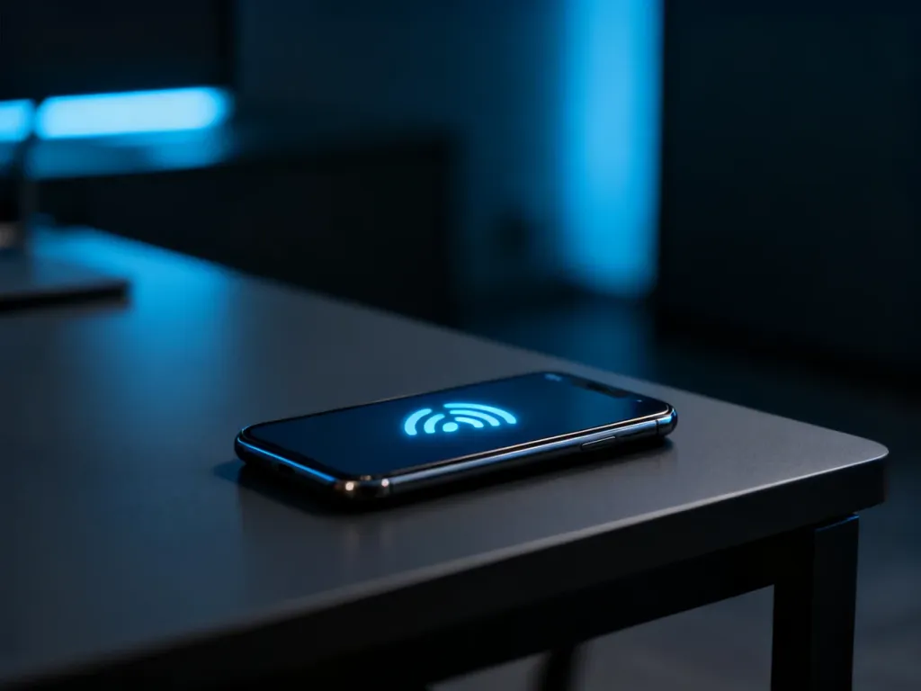 Nowoczesny smartfon na ciemnym biurku z ikoną sygnału, symbolizujący prywatność i anonimową komunikację cyfrową.