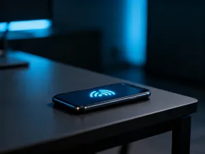 Nowoczesny smartfon leżący na drewnianym biurku w tle sklepu z elektroniką, sugerujący miejsce sprzedaży urządzenia.