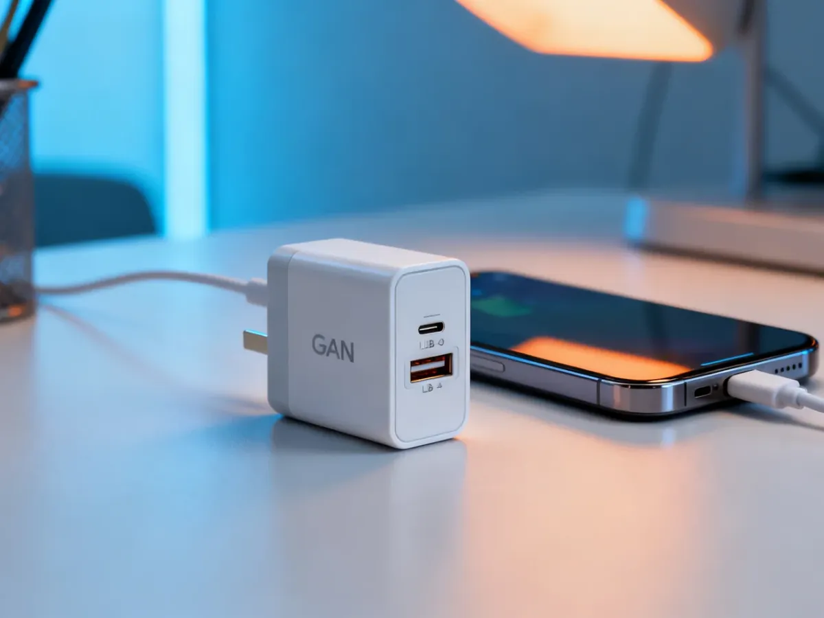 Kompaktowa ładowarka GaN obok smartfona i kabla USB