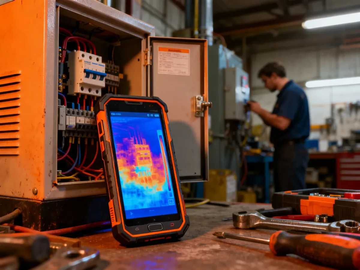 Wytrzymały smartfon z termowizją używany przy kontroli instalacji elektrycznej