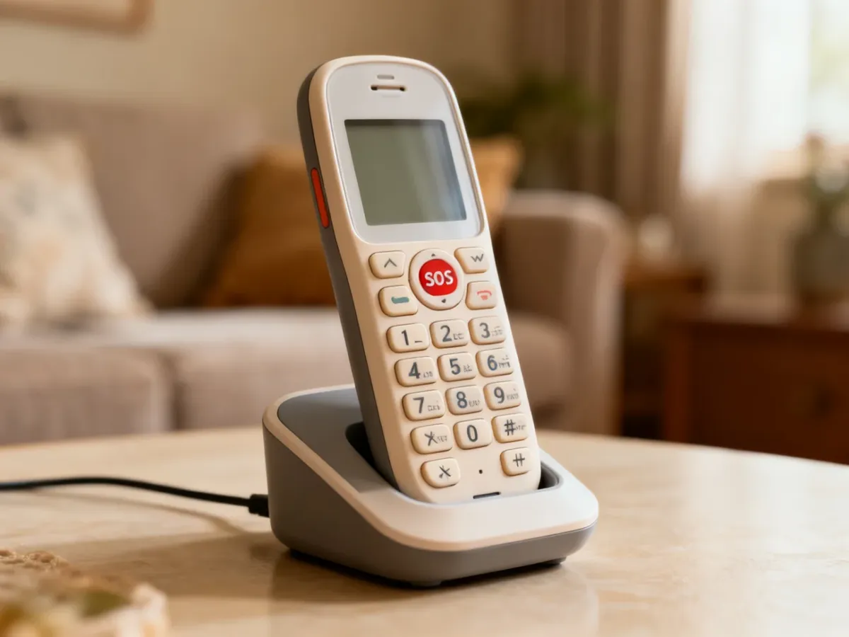 Senior-friendly phone with large buttons, SOS button and charging dock