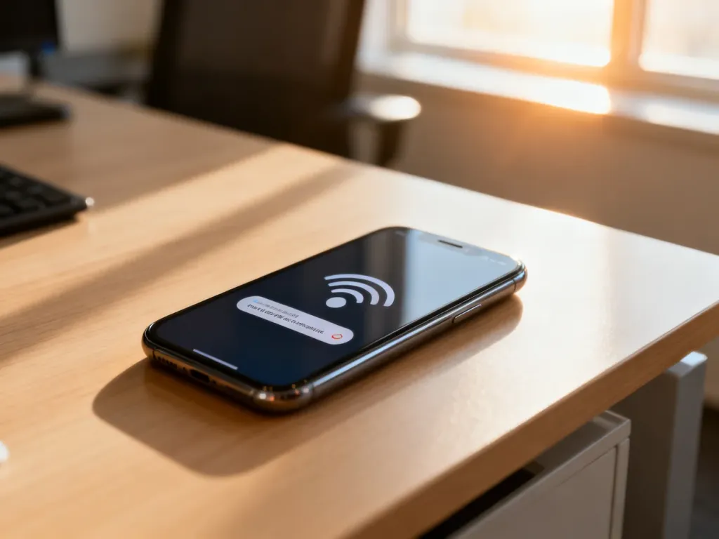 Nowoczesny smartfon na biurku z ikoną zasięgu, symbolizujący pomyślne przeniesienie numeru do sieci Lajt Mobile.