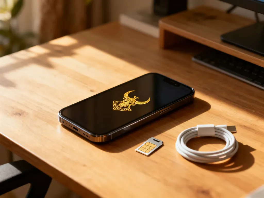 Smartfon z ikoną wikinga, karta SIM i kabel na drewnianym biurku, ilustrujące proces przenoszenia numeru do Mobile Vikings.