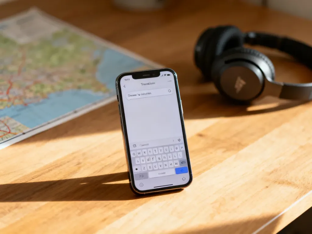 Smartfon z włączoną aplikacją do tłumaczenia mowy na tekst, leżący na drewnianym biurku obok mapy podróżniczej.