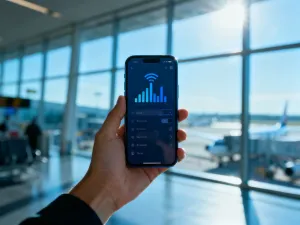 Smartfon leżący na biurku z wyświetlonymi statystykami zużycia danych w formie wykresów i procentów.