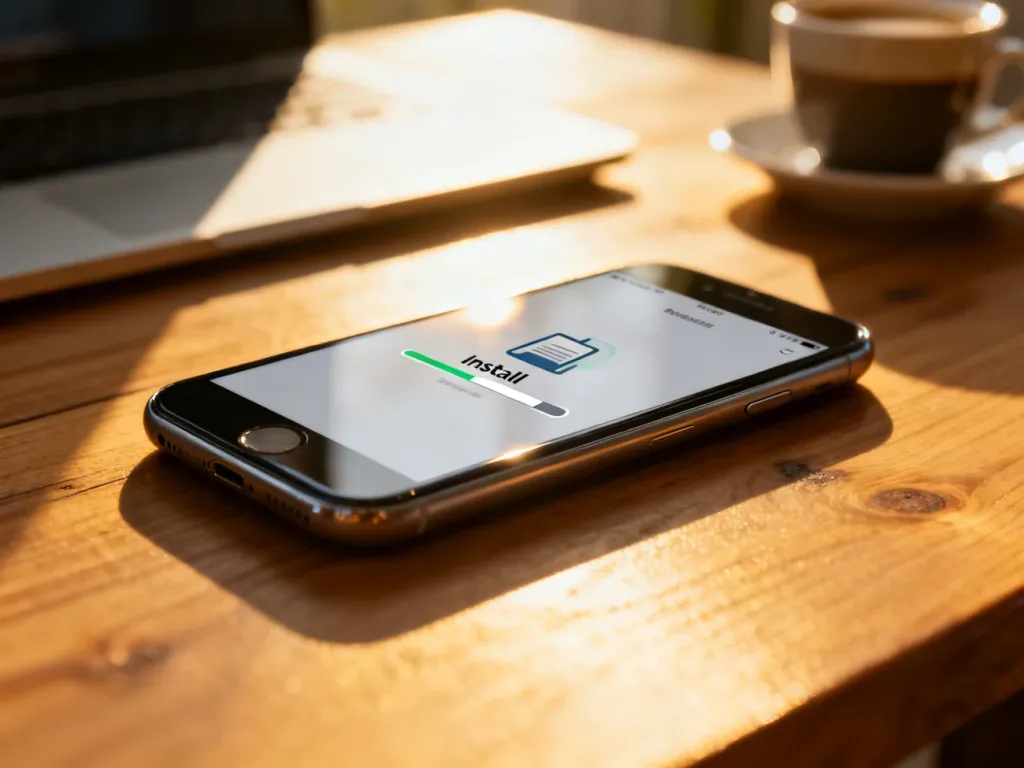 Nowoczesny smartfon na biurku z widocznym paskiem postępu instalacji aplikacji z pliku APK.