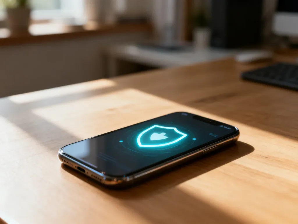 Nowoczesny smartfon z ikoną tarczy na ekranie, symbolizującą prywatność i bezpieczeństwo ustawień numeru telefonu.
