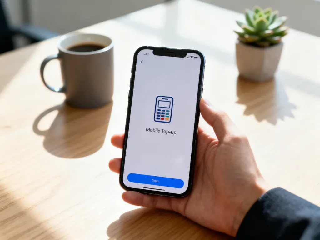 Dłoń trzymająca smartfon z otwartą aplikacją do płatności mobilnych, symbolizującą szybkie doładowanie konta Plush.
