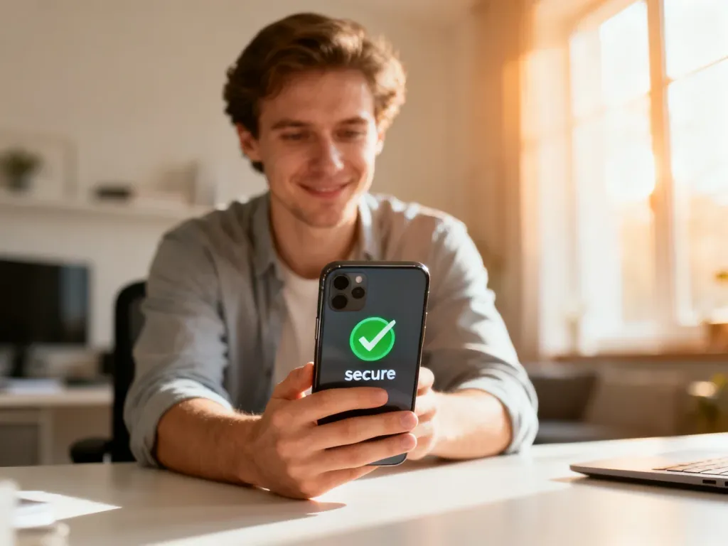 Osoba z ulgą patrzy na ekran smartfona z zielonym symbolem bezpieczeństwa, co oznacza skuteczne usunięcie wirusów.
