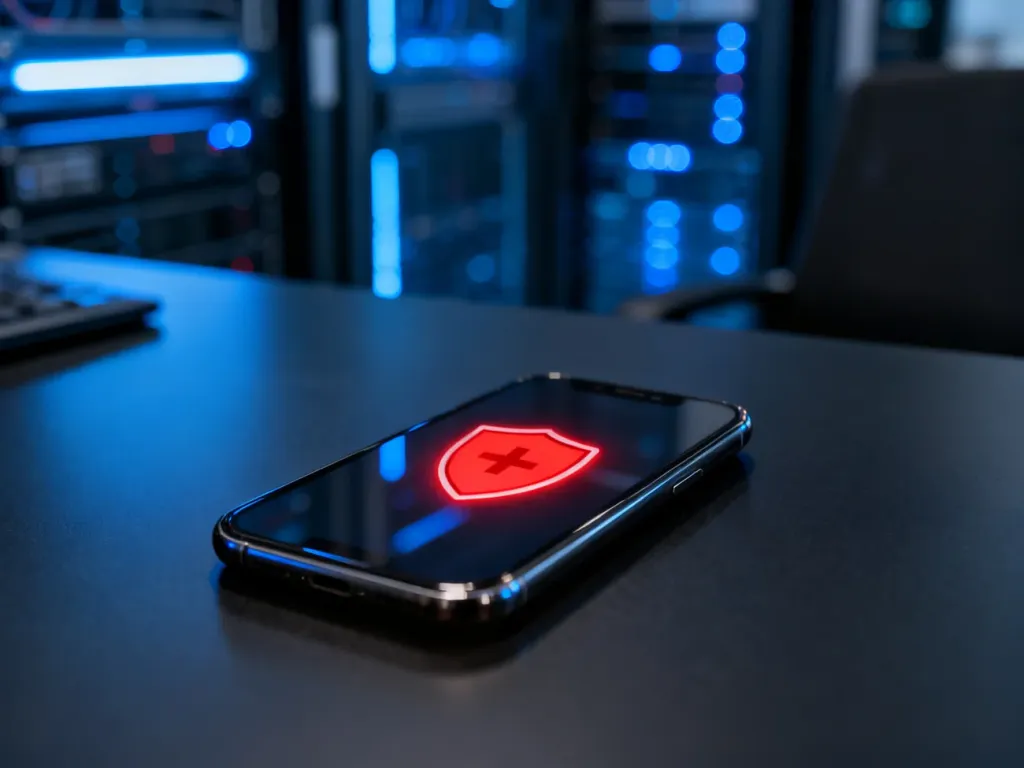Smartfon z ikoną tarczy bezpieczeństwa na ekranie, symbolizujący blokadę urządzenia w celu ochrony danych.