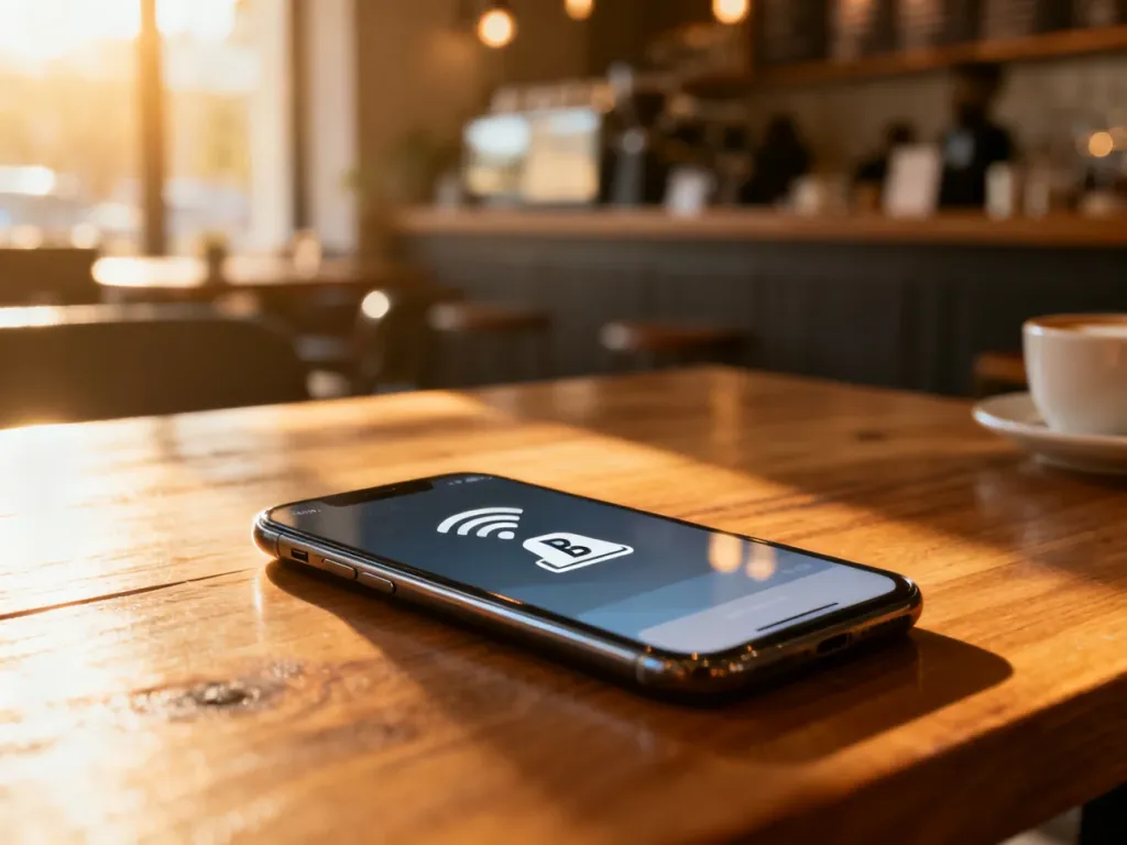 Nowoczesny smartfon z aplikacją bankową na ekranie, leżący na drewnianym biurku w przytulnej kawiarni.