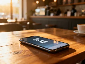 Dłoń trzymająca smartfon podczas wyłączania ustawień w menu telefonu, co symbolizuje dezaktywację poczty głosowej.