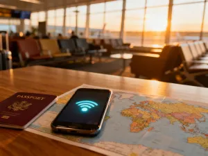Nowoczesny smartfon z aplikacją bankową na ekranie, leżący na drewnianym biurku w przytulnej kawiarni.