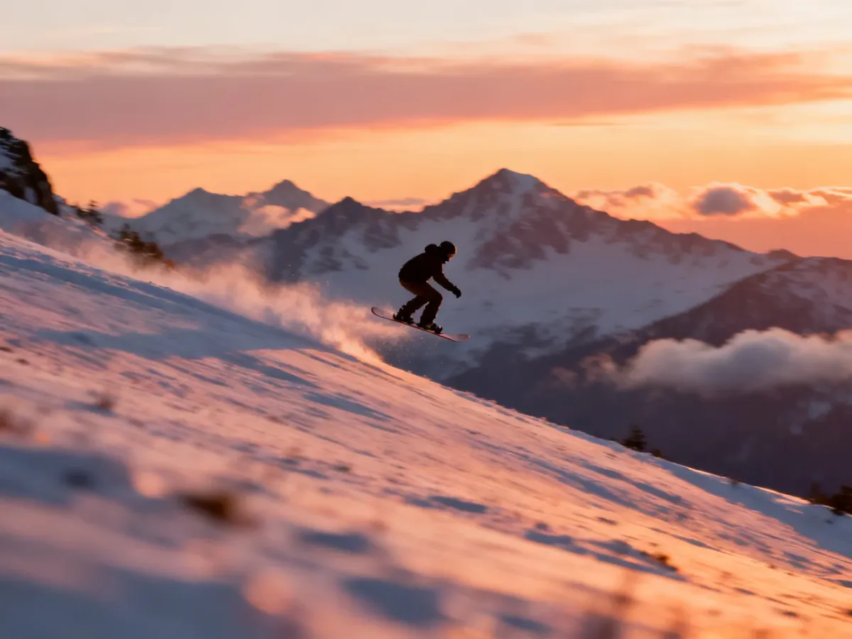 Snowboarder performing a trick on a snowy mountain at sunset