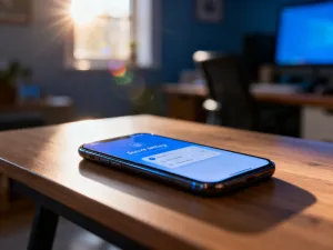 Nowoczesny smartfon leżący na biurku z widoczną na ekranie ikoną blokowania połączeń.
