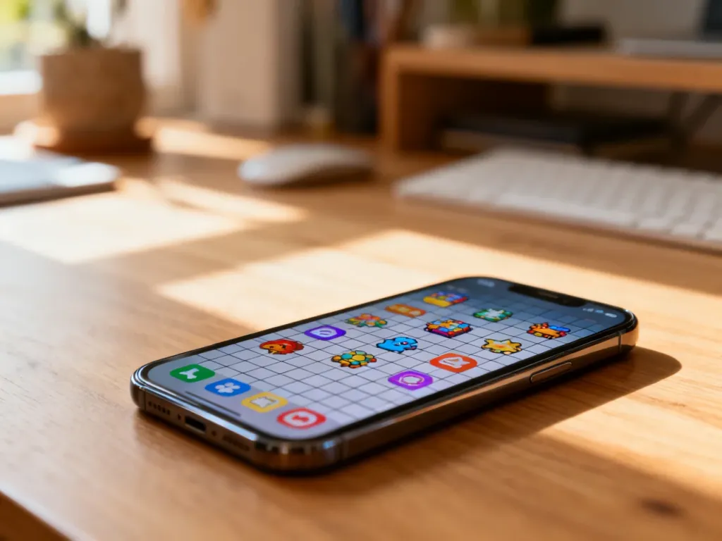 Ekran smartfona z ikonami gier na drewnianym biurku, ilustrujący przestrzeń zajmowaną przez aplikacje w pamięci telefonu.
