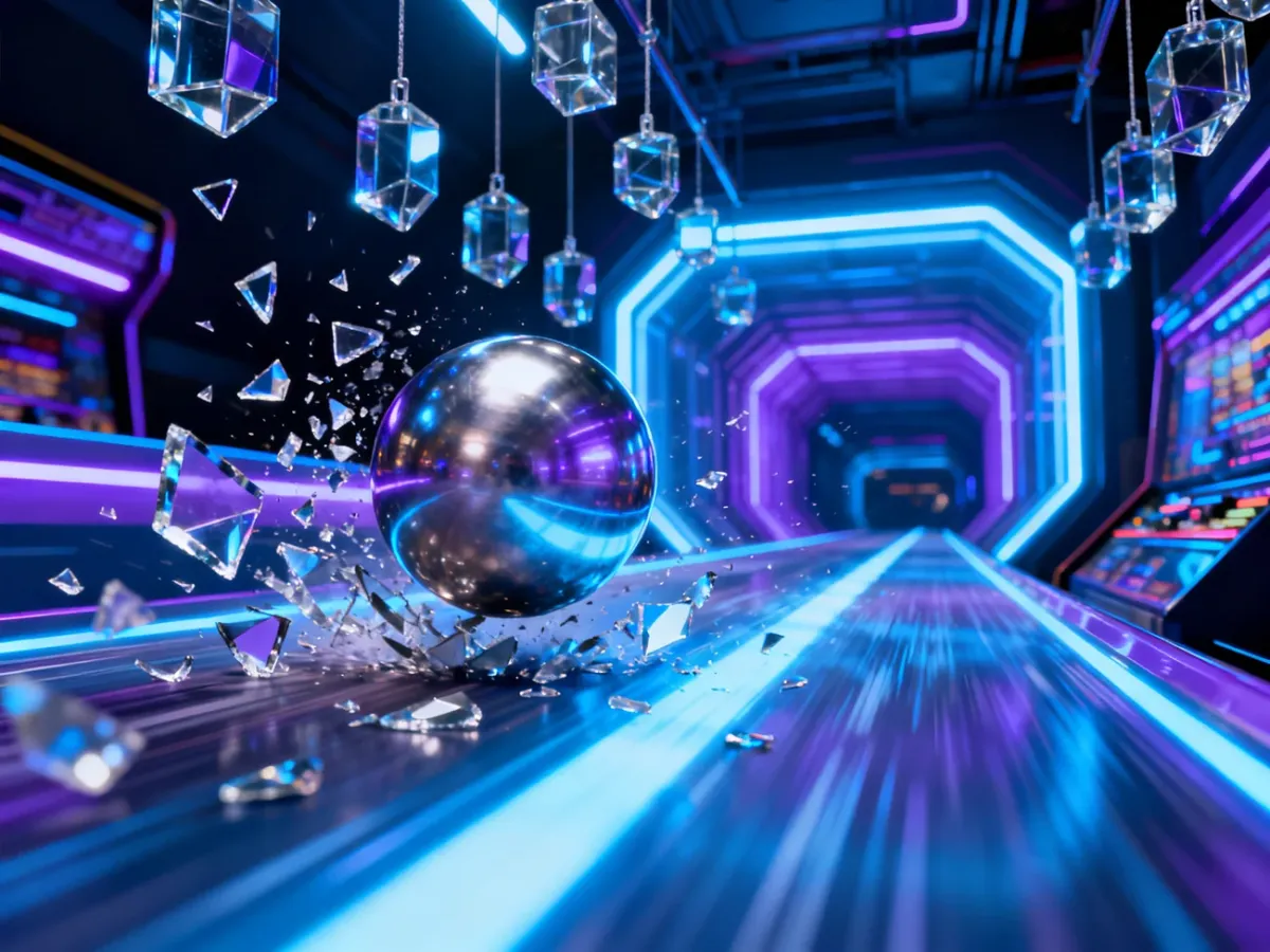 Metallic ball breaking glass obstacles in a futuristic tunnel