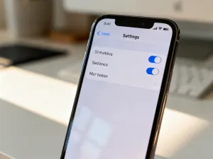 Zbliżenie na ekran smartfona z widocznymi ikonami Wi-Fi, baterii i zasięgu na tle drewnianego biurka.