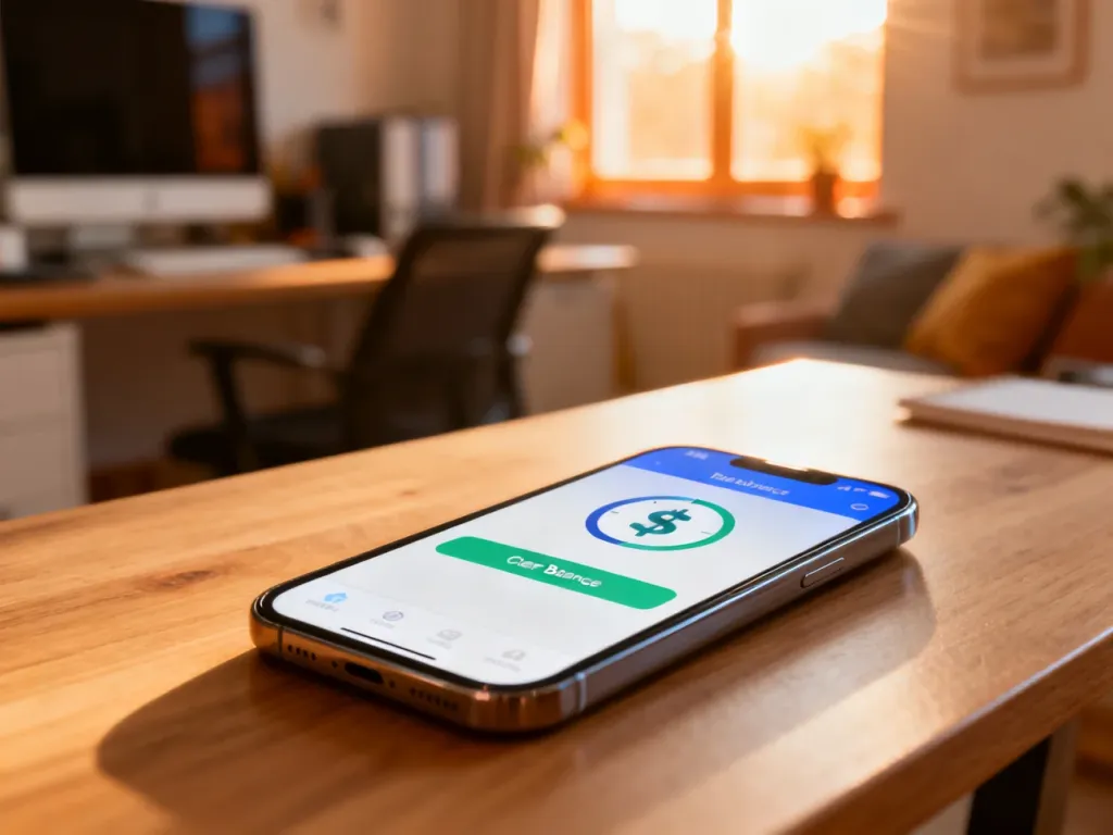 Smartfon z otwartą aplikacją finansową leżący na drewnianym biurku, prezentujący przejrzysty podgląd stanu konta.