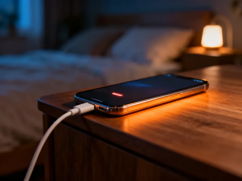 Smartfon podłączony do ładowarki na szafce nocnej w przytulnej sypialni. Ilustracja procesu ładowania telefonu w nocy.