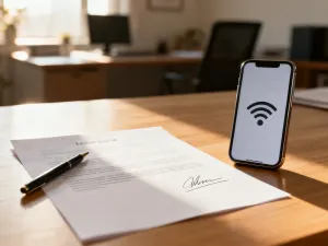 Wysunięta tacka na kartę SIM w smartfonie leżącym na drewnianym biurku. Ilustracja problemów z wykrywaniem karty SIM.