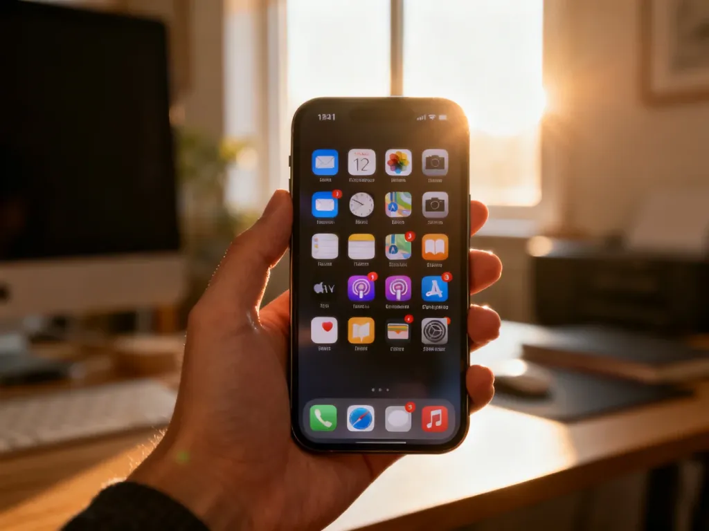 Dłoń trzymająca nowoczesny smartfon z widoczną siatką ikon aplikacji na ekranie głównym w przytulnym biurze.