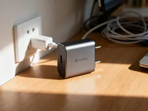 Nowoczesny smartfon z wyświetlonym interfejsem zużycia danych, leżący na drewnianym biurku.
