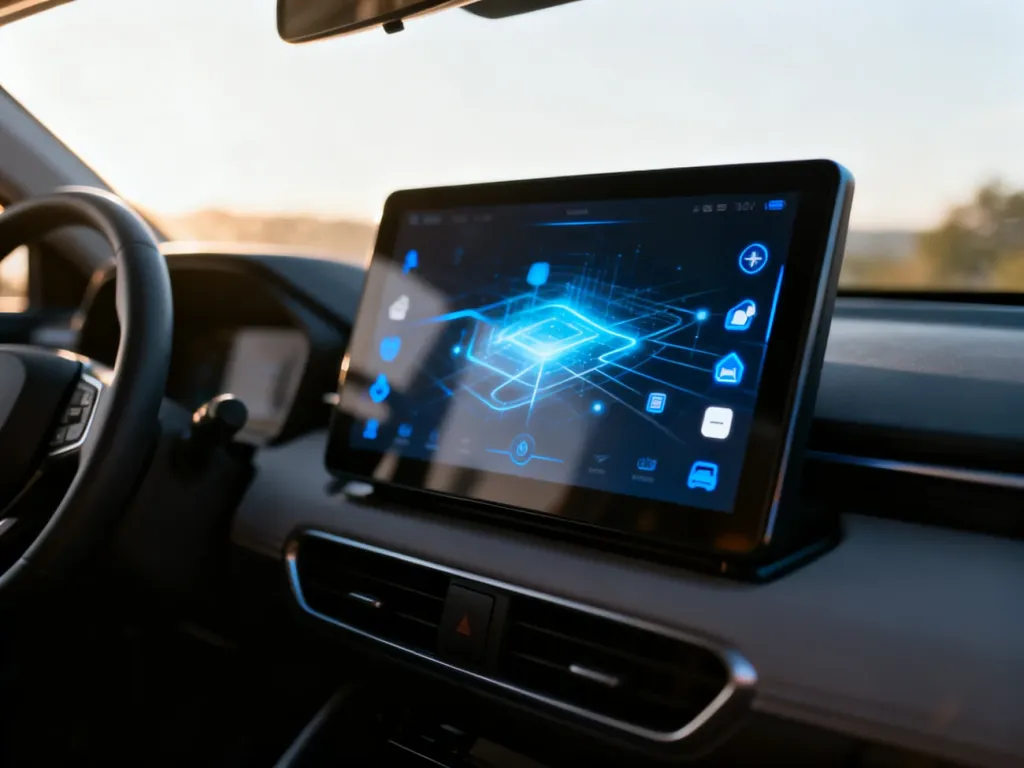 Nowoczesny wyświetlacz samochodowy z interfejsem nawigacji, gotowy do obsługi systemu Android Auto.