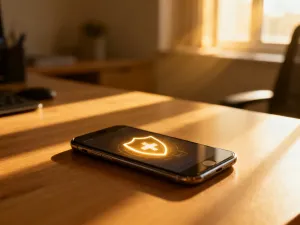 Smartfon leżący na drewnianym biurku, symbolizujący dostęp do ustawień telefonu w celu sprawdzenia numeru.
