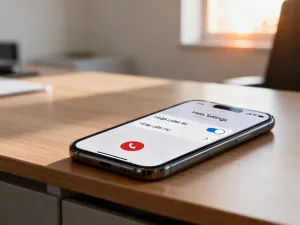 Nowoczesny smartfon z podświetloną ikoną lokalizacji na ekranie, leżący na drewnianym biurku w przytulnym salonie.