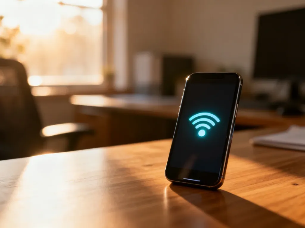Nowoczesny smartfon leżący na drewnianym biurku z widoczną ikoną zasięgu, symbolizujący proces aktywacji karty eSIM.
