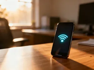 Nowoczesny smartfon z ikoną mapy świata na ekranie, symbolizujący łączność międzynarodową i roaming.