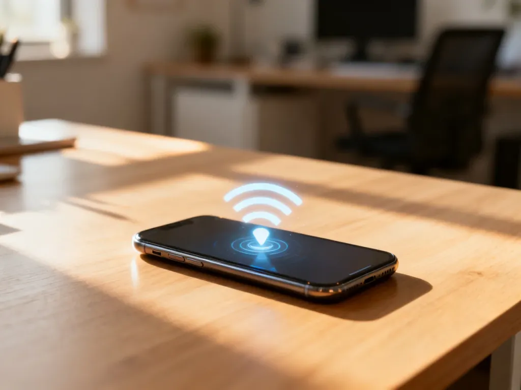 Nowoczesny smartfon z ikoną zasięgu sieci na ekranie, leżący na drewnianym biurku w domowym biurze.