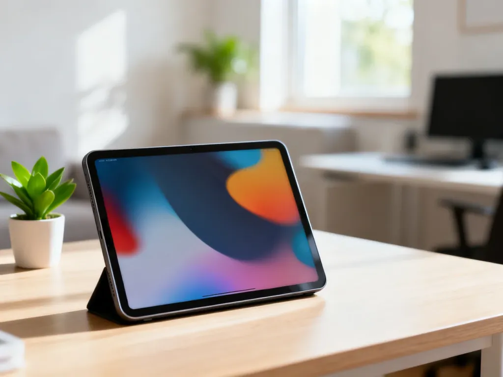 Nowoczesny tablet z kolorową tapetą leżący na jasnym drewnianym biurku w minimalistycznym domowym biurze.