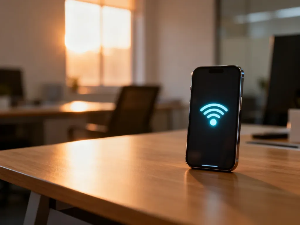 Nowoczesny smartfon z ikoną zasięgu na drewnianym biurku, symbolizujący proces przenoszenia numeru do sieci Plush.