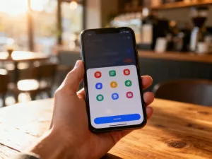 Nowoczesny smartfon z widoczną ikoną zasięgu na ekranie, leżący na drewnianym biurku w jasnym, biurowym wnętrzu.