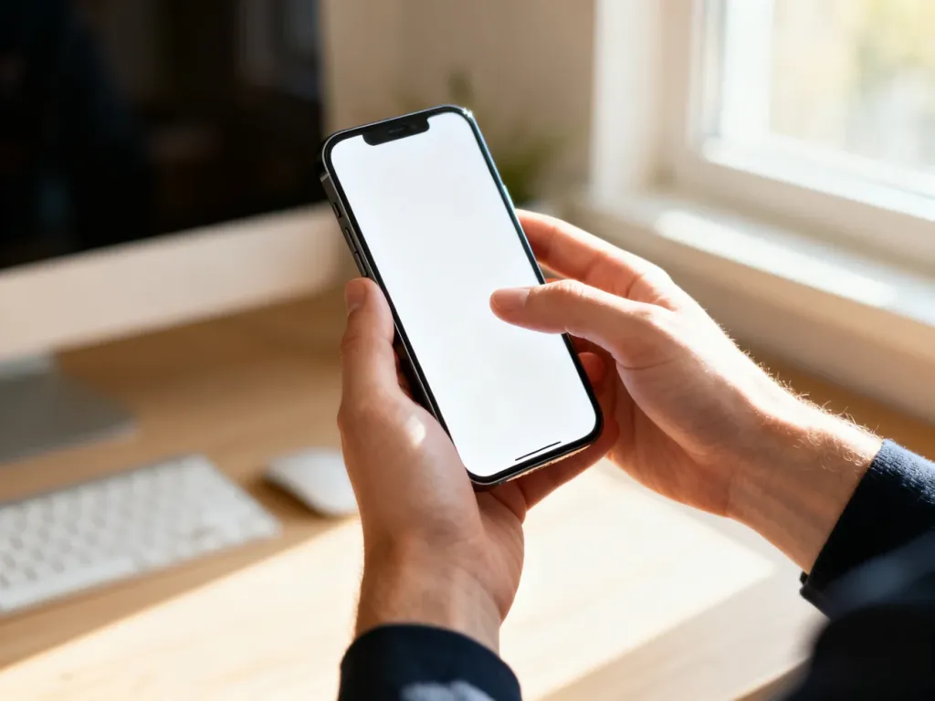 Osoba trzymająca smartfon z jasnym interfejsem w minimalistycznym domowym biurze, ilustrująca obsługę aplikacji mObywatel.