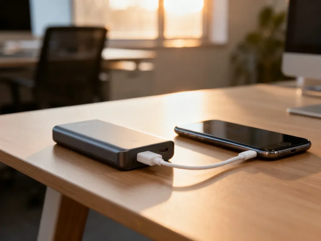 Nowoczesny powerbank podłączony białym kablem do smartfona na minimalistycznym drewnianym biurku.