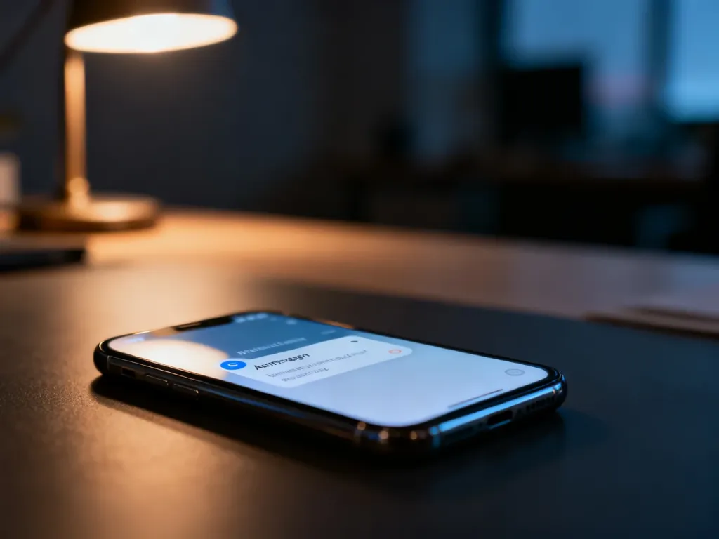 Nowoczesny smartfon z powiadomieniem o nowej wiadomości na ekranie, widoczny na tle przyciemnionego biurka.