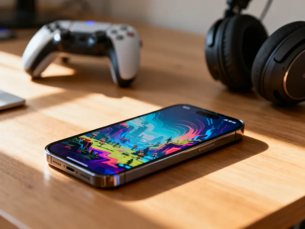 Nowoczesny iPhone na drewnianym biurku z kolorową grą na ekranie oraz akcesoriami gamingowymi w tle.